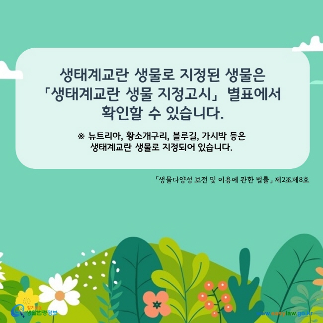 www.easylaw.go.kr 생태계교란 생물은 「생태계교란 생물 지정고시」 별표에서 확인할 수 있습니다. ※ 뉴트리아, 황소개구리, 블루길, 가시박 등은  생태계교란 생물로 지정되어 있습니다. (「생물다양성 보전 및 이용에 관한 법률」 제2조제8호)